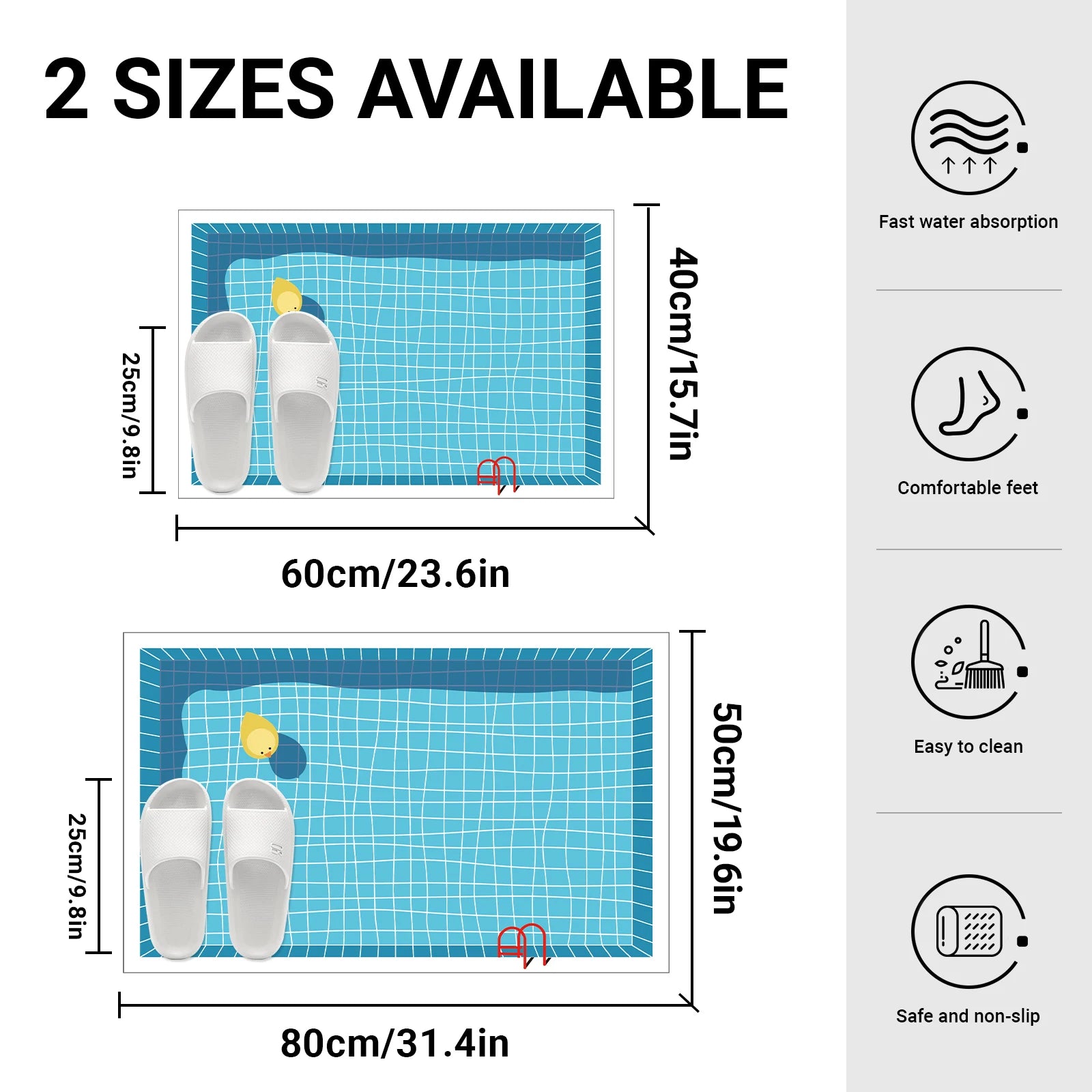 Tapis de Bain Caoutchouc Antidérapant — Motif Piscine, Absorbant