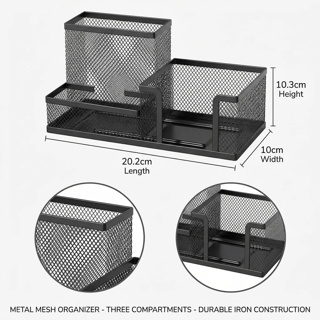 Organisateur Bureau Métal Mesh Noir 3 Compartiments