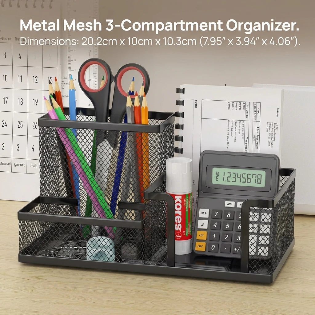 Organisateur Bureau Métal Mesh Noir 3 Compartiments