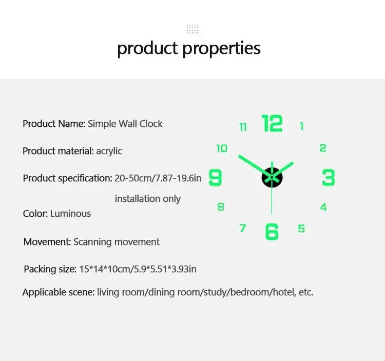 Horloge Murale Silencieuse Lumineuse — Chiffres Phosphorescents, Sans Perçage