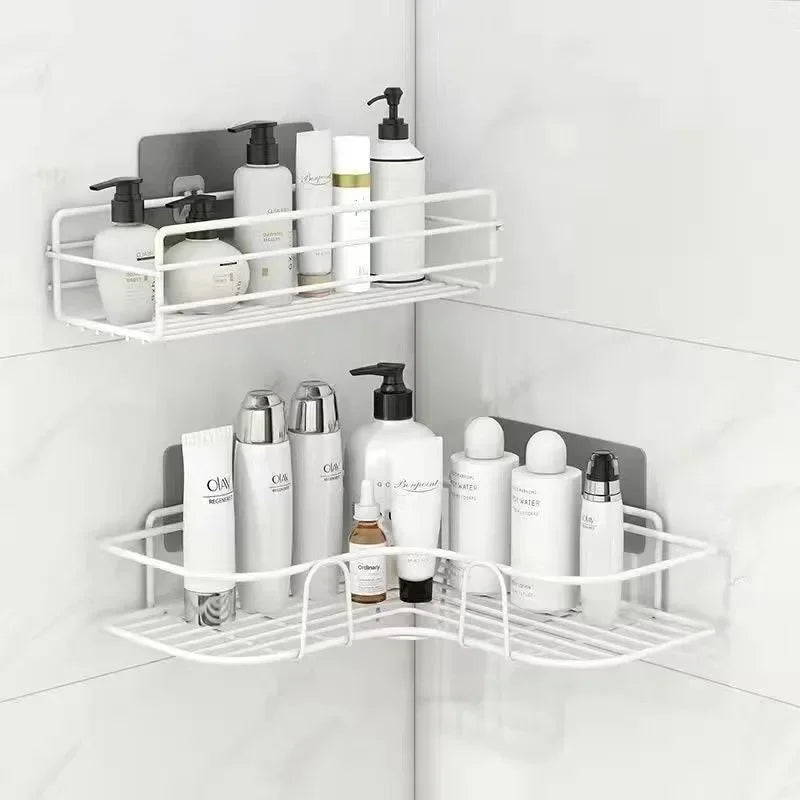 Étagère d'angle salle de bain — Sans perçage, métal noir