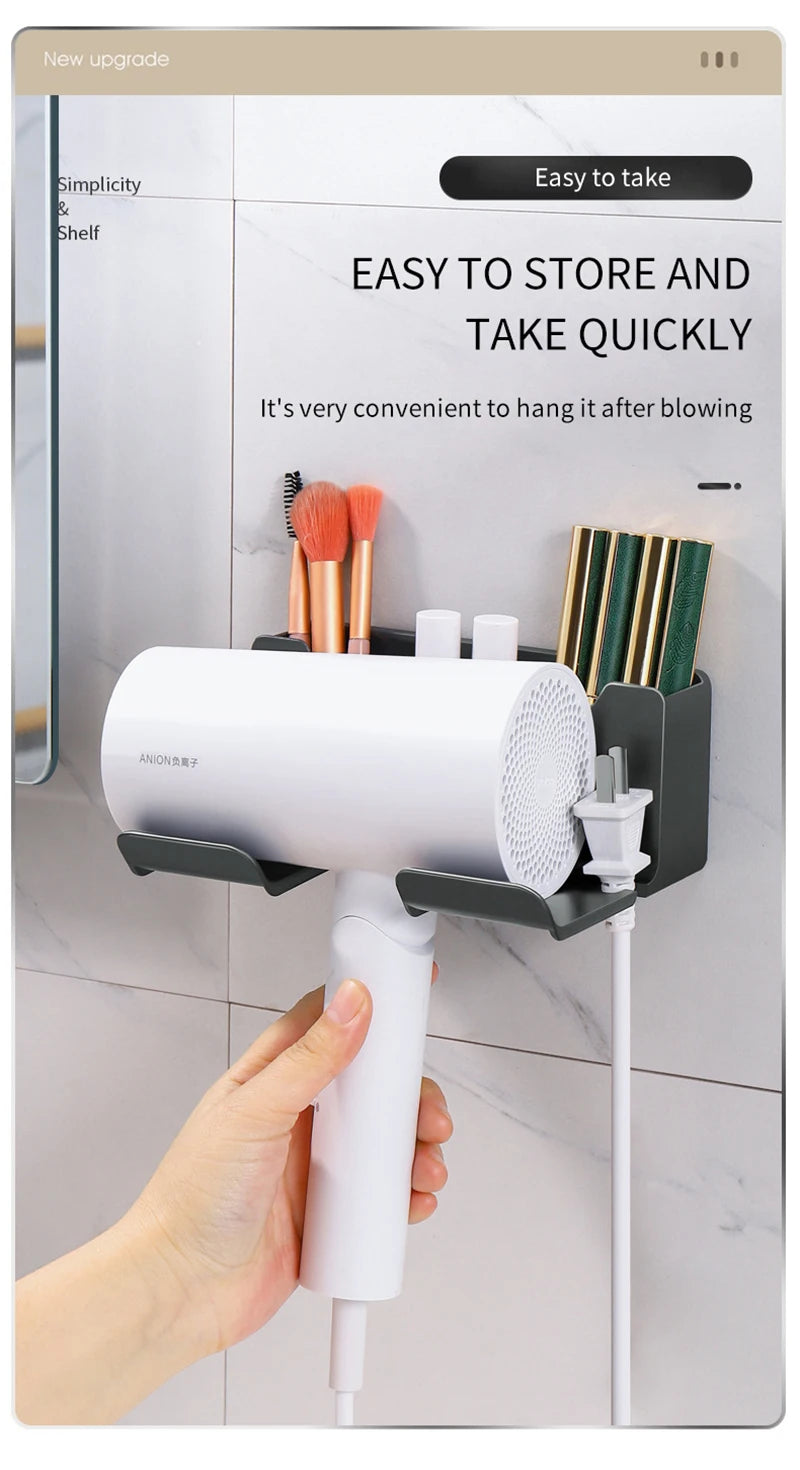 Support Sèche-Cheveux Mural — Rangement Salle de Bain Sans Perçage