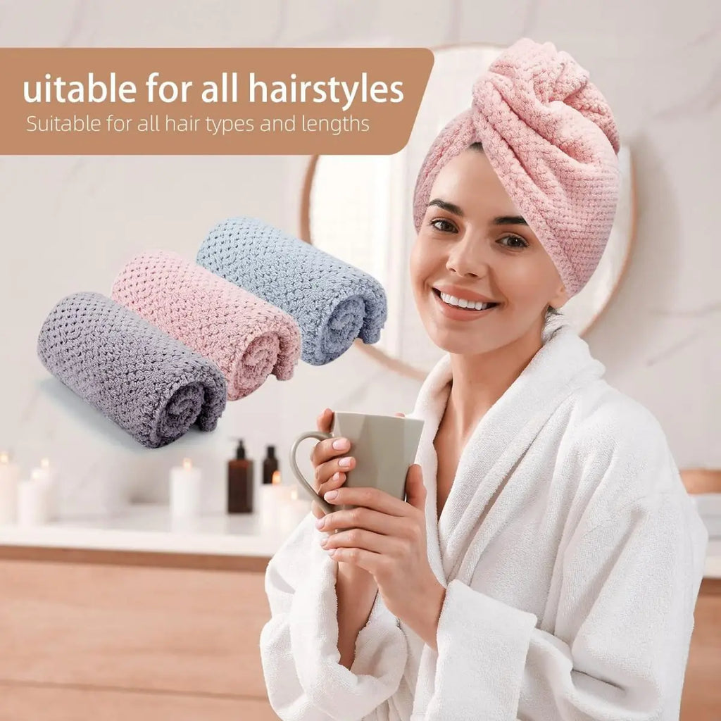 Turban microfibre séchage cheveux — Bouton ajustable, absorption rapide