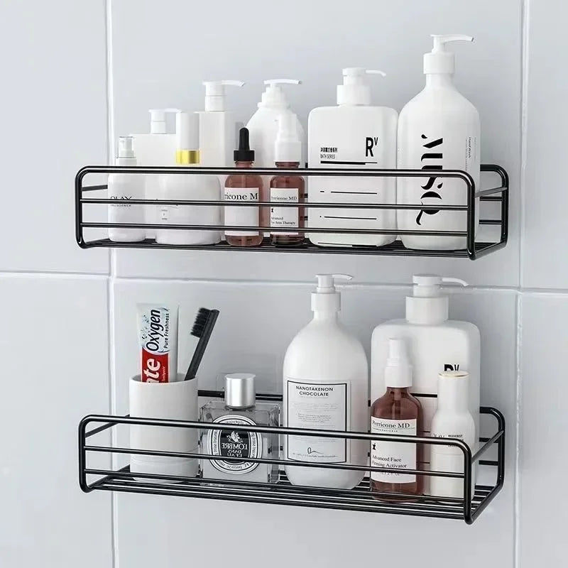 Étagère d'angle salle de bain — Sans perçage, métal noir