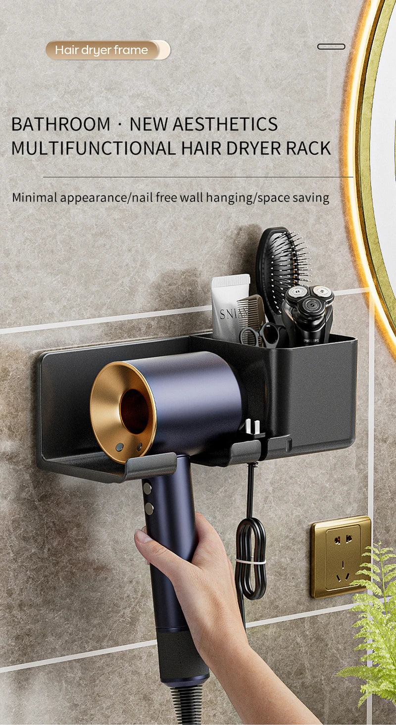 Support Sèche-Cheveux Mural — Rangement Salle de Bain Sans Perçage