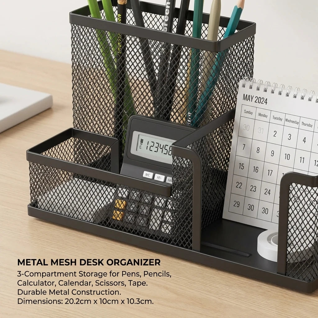 Organisateur Bureau Métal Mesh Noir 3 Compartiments