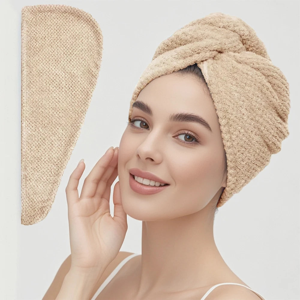 Turban microfibre séchage cheveux — Bouton ajustable, absorption rapide