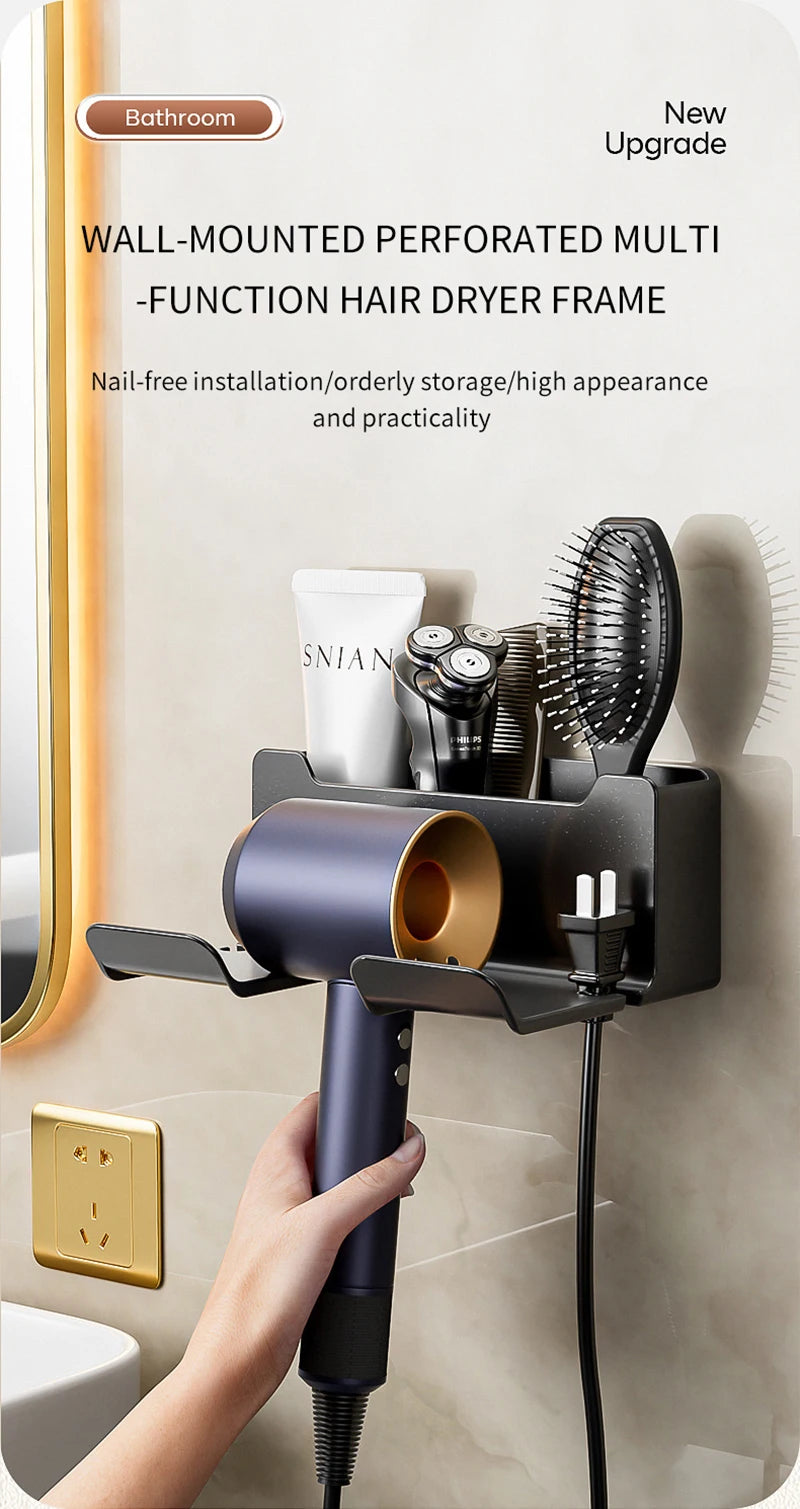 Support Sèche-Cheveux Mural — Rangement Salle de Bain Sans Perçage