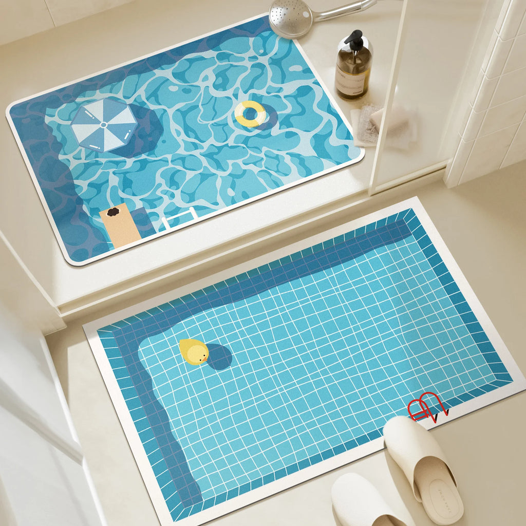 Tapis de Bain Caoutchouc Antidérapant — Motif Piscine, Absorbant