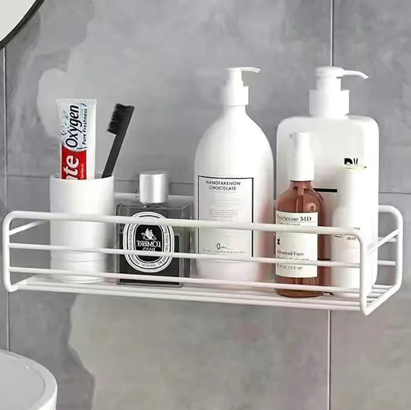 Étagère d'angle salle de bain — Sans perçage, métal noir