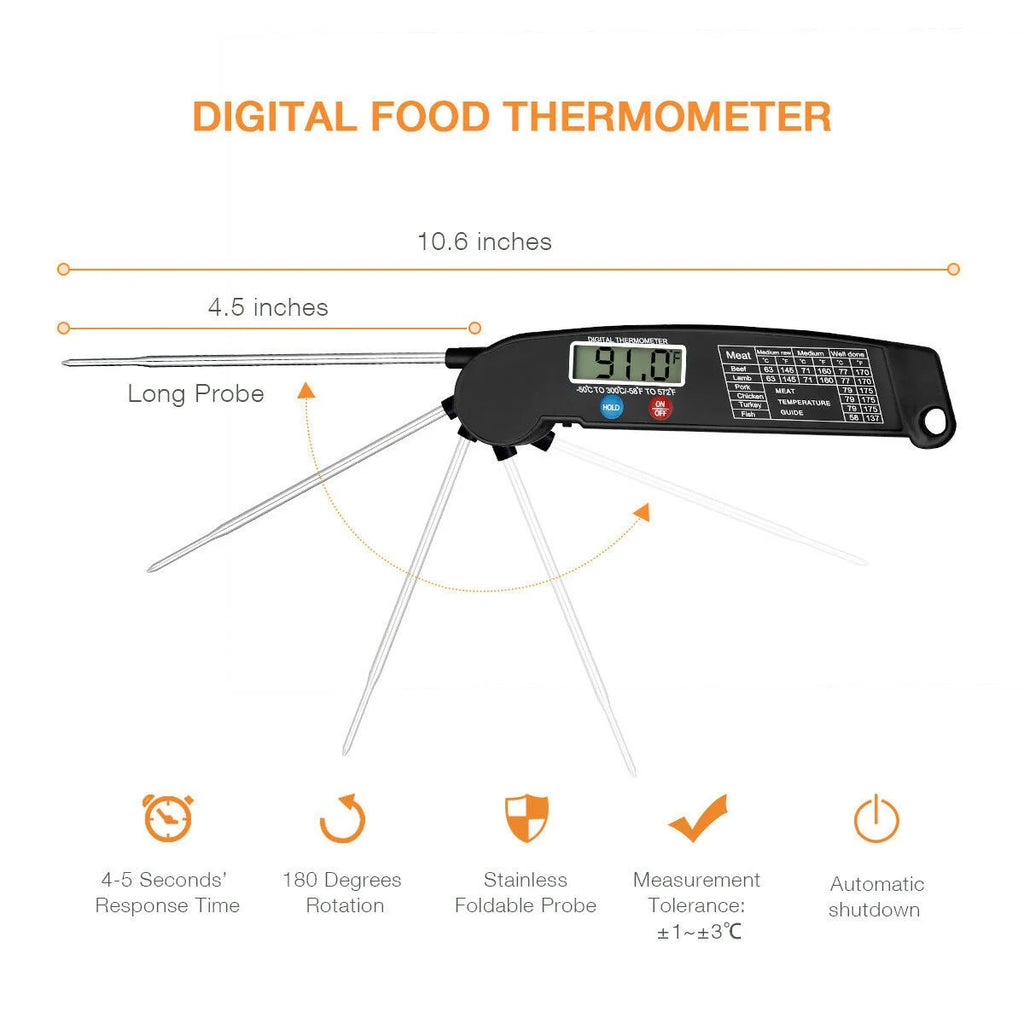 Thermomètre Cuisine Sonde Pliable — Lecture Instantanée LCD