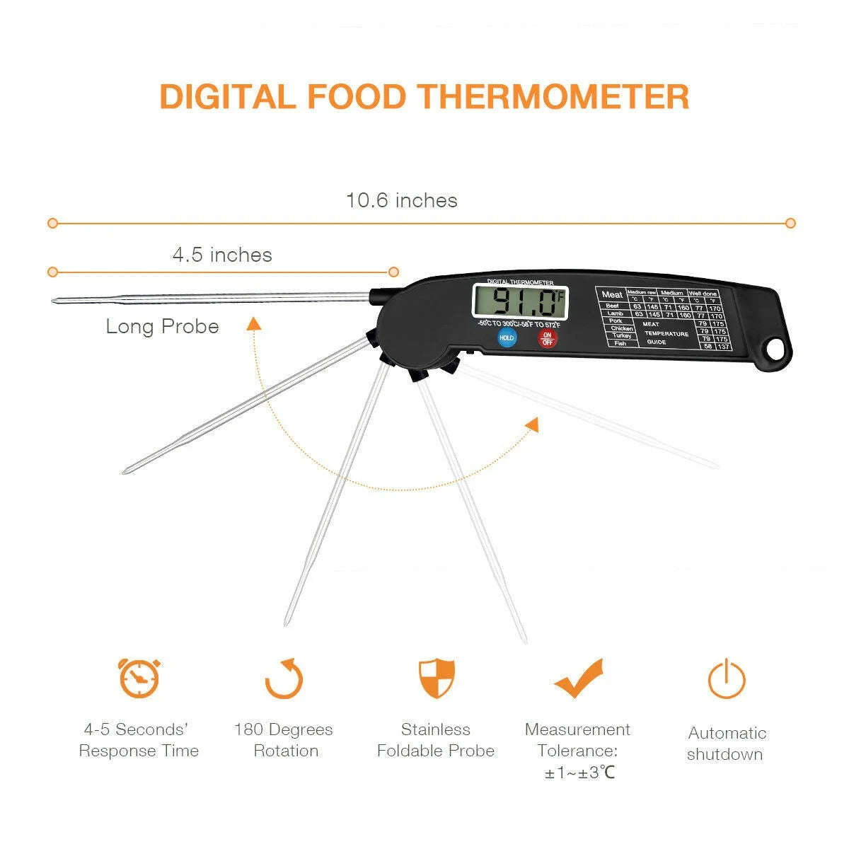 Thermomètre Cuisine Sonde Pliable — Lecture Instantanée LCD