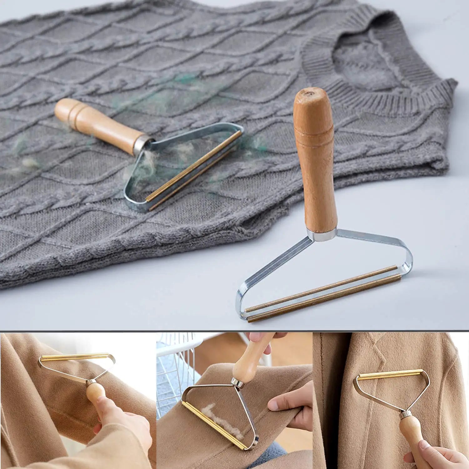 Rouleau Attrape-Poils Portable — Manche Bois Anti-peluches