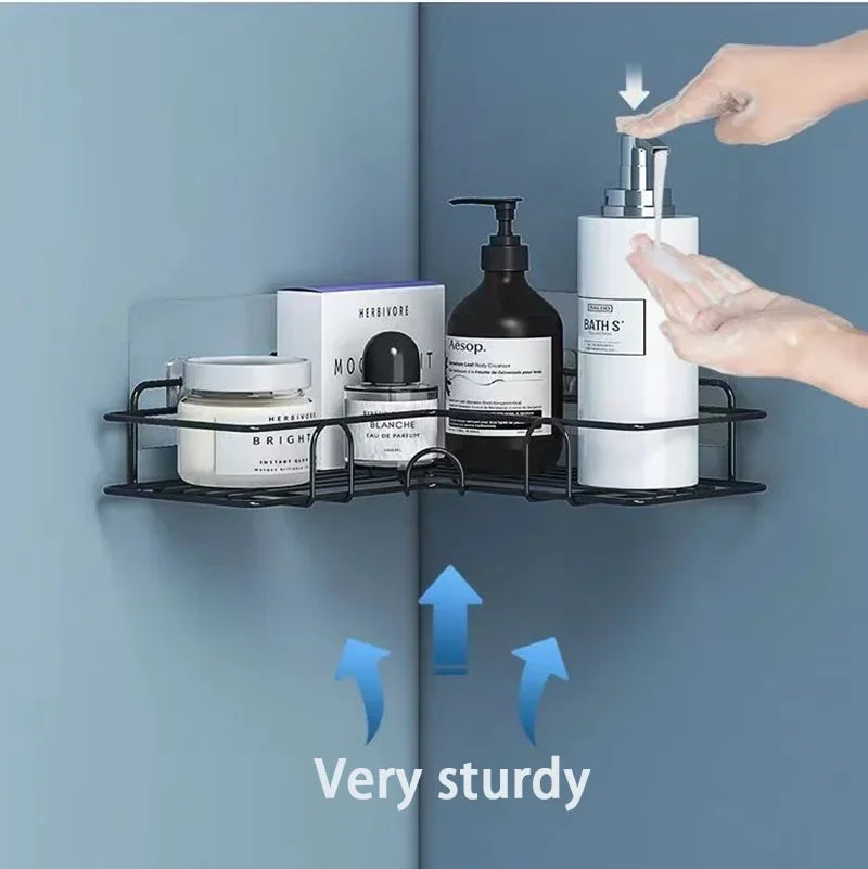 Étagère d'angle salle de bain — Sans perçage, métal noir