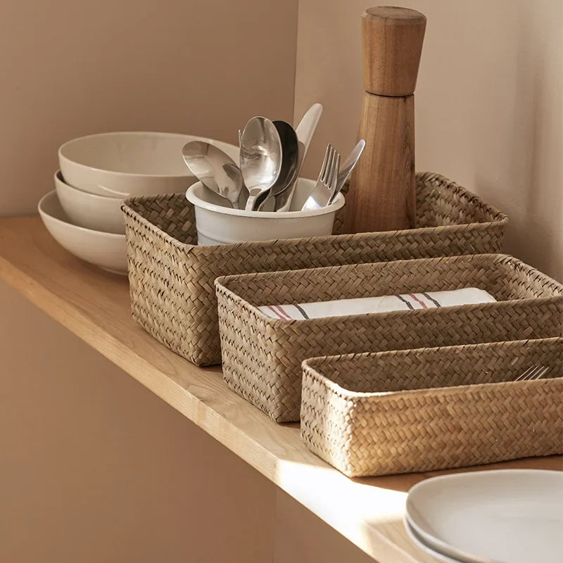 Panier Rangement Herbe Tressée Naturelle — S/M/L