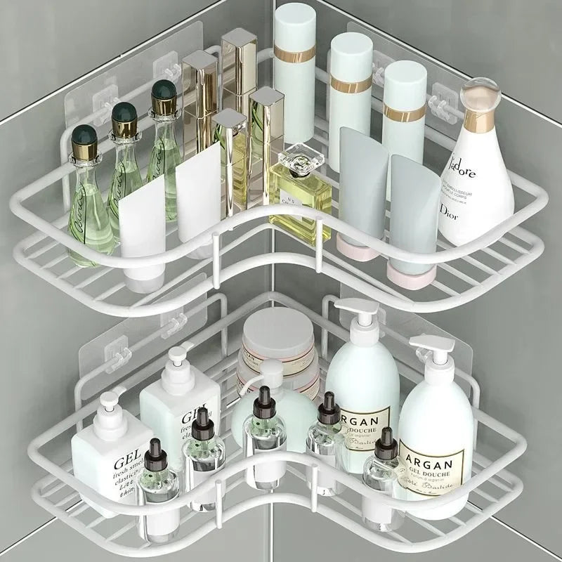 Étagère d'angle salle de bain — Sans perçage, métal noir