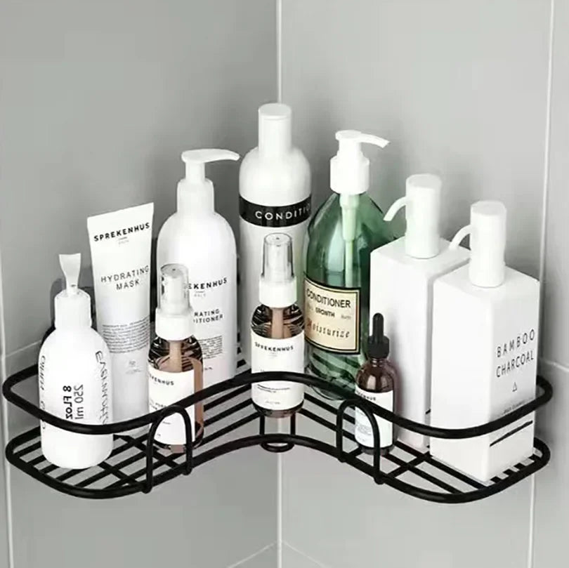 Étagère d'angle salle de bain — Sans perçage, métal noir