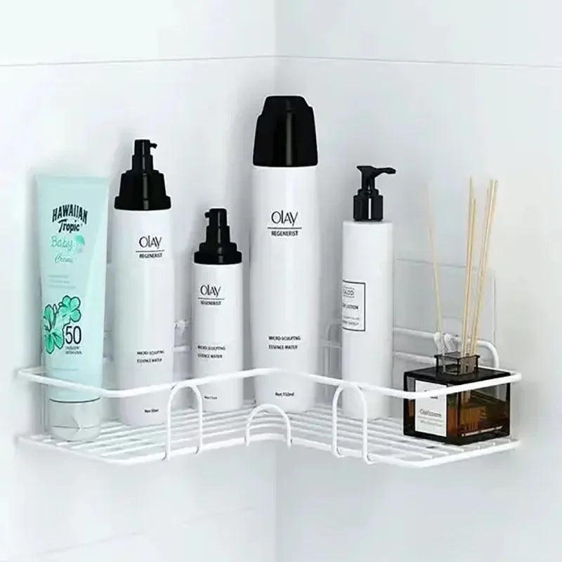 Étagère d'angle salle de bain — Sans perçage, métal noir