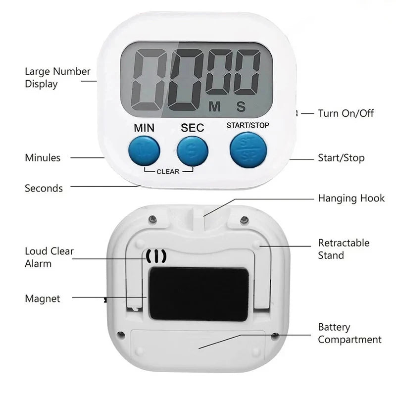 Minuteur cuisine LCD magnétique — Alarme sonore & grand écran