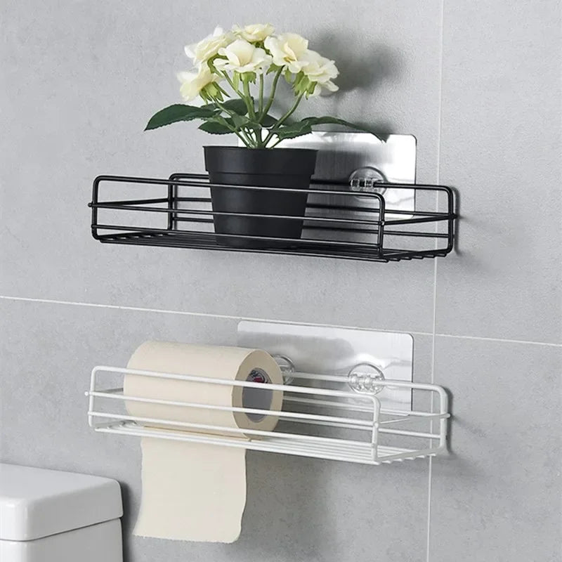 Étagère d'angle salle de bain — Sans perçage, métal noir