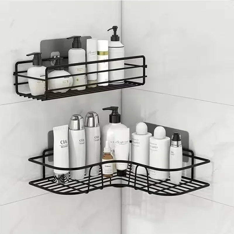Étagère d'angle salle de bain — Sans perçage, métal noir
