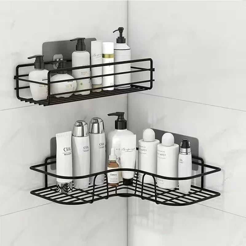 Étagère d'angle salle de bain — Sans perçage, métal noir