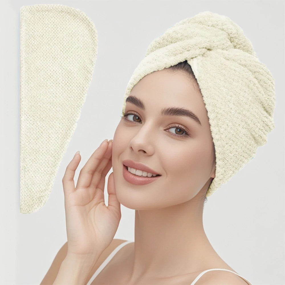 Turban microfibre séchage cheveux — Bouton ajustable, absorption rapide