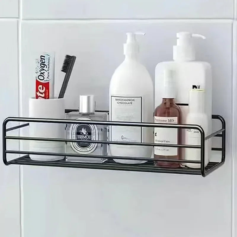 Étagère d'angle salle de bain — Sans perçage, métal noir