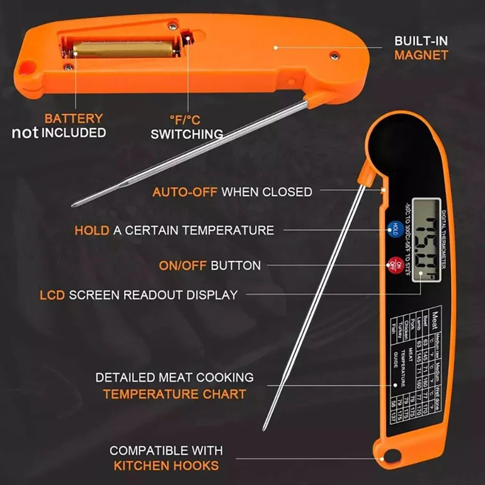 Thermomètre Cuisine Sonde Pliable — Lecture Instantanée LCD