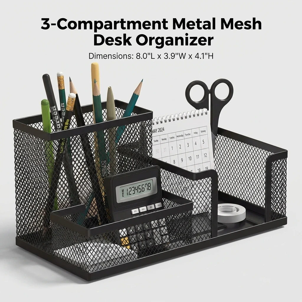 Organisateur Bureau Métal Mesh Noir 3 Compartiments